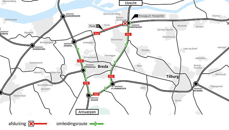 Omleidingskaart tijdens werkzaamheden A59 richting Roosendaal tussen knooppunt Hooipolder en afrit Made (32)
